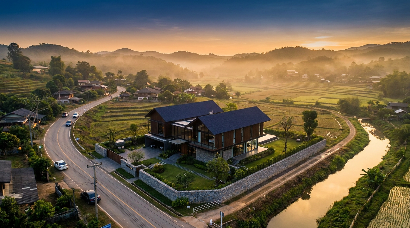 ภาพมุมสูงของบ้านใกล้ถนนและคลองซึ่งต้องตรวจข้อกำหนดระยะร่น