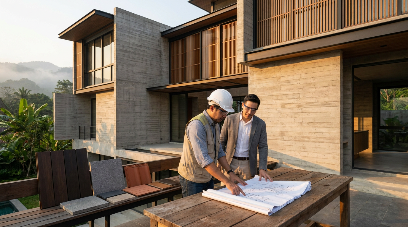 วิศวกรและเจ้าของบ้านตรวจงวดงานก่อสร้างบ้านในโครงการบ้านร่วมสมัย