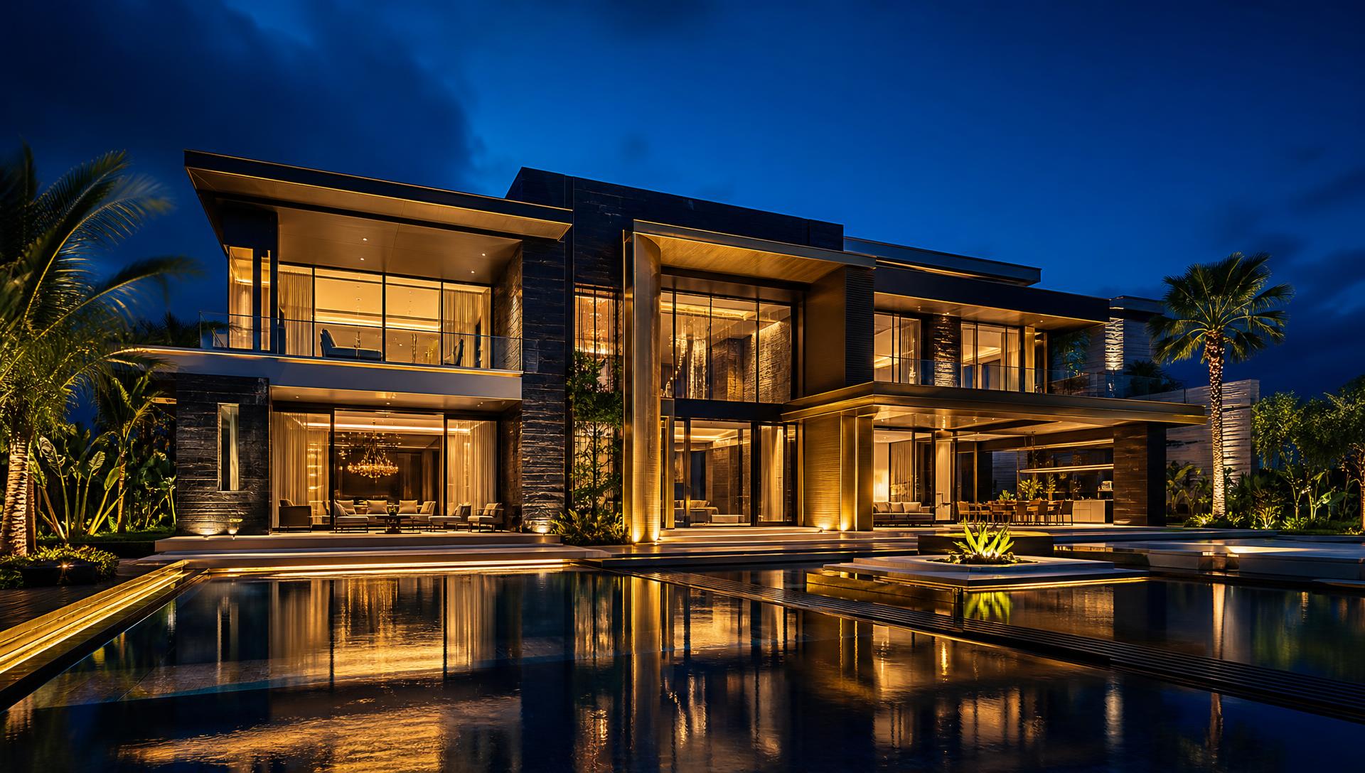 บ้านหรูสองชั้นยามค่ำ แสงทองอบอุ่นและสระสะท้อนเงา ผลงานรับสร้างบ้านของ NextVision Development