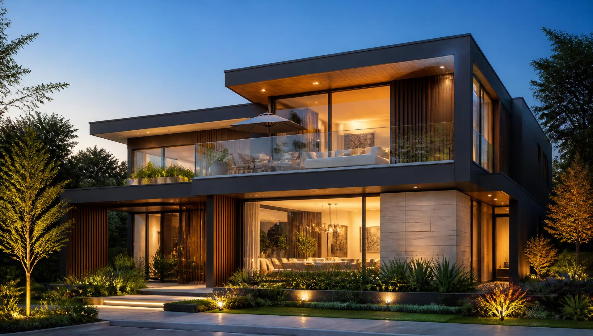 บ้านสองชั้นสไตล์ Modern Luxury ยามค่ำ ผนังโทนเทาเข้มผสมไม้และหิน ผลงานก่อสร้างในภาคเหนือ