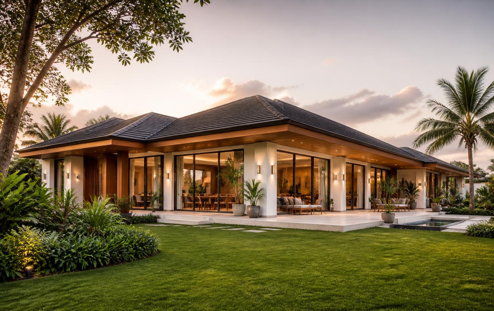 แบบบ้านชั้นเดียวสไตล์ Modern Tropical หลังคาปั้นหยาชายคายาว ผลงานออกแบบโดย NextVision Development